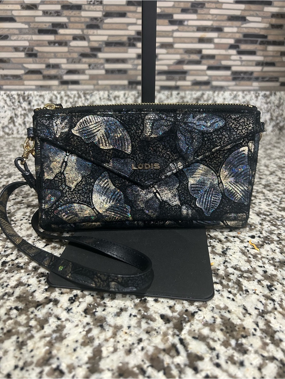 Lodis Metallic Butterfly Wristlet Black Iridescent Bag Excellent condition
